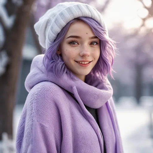 Prompt: Full body. Breathtakingly cute skinny girl, friendly and happy expression, ice-cold white skin, purple hair, freckles, dimples, short messy hair, cold winter morning, highres, ultra-detailed, realistic, cute, ultra detailed, purple hair, freckles, cold, skin-tight, winter morning, soft lighting