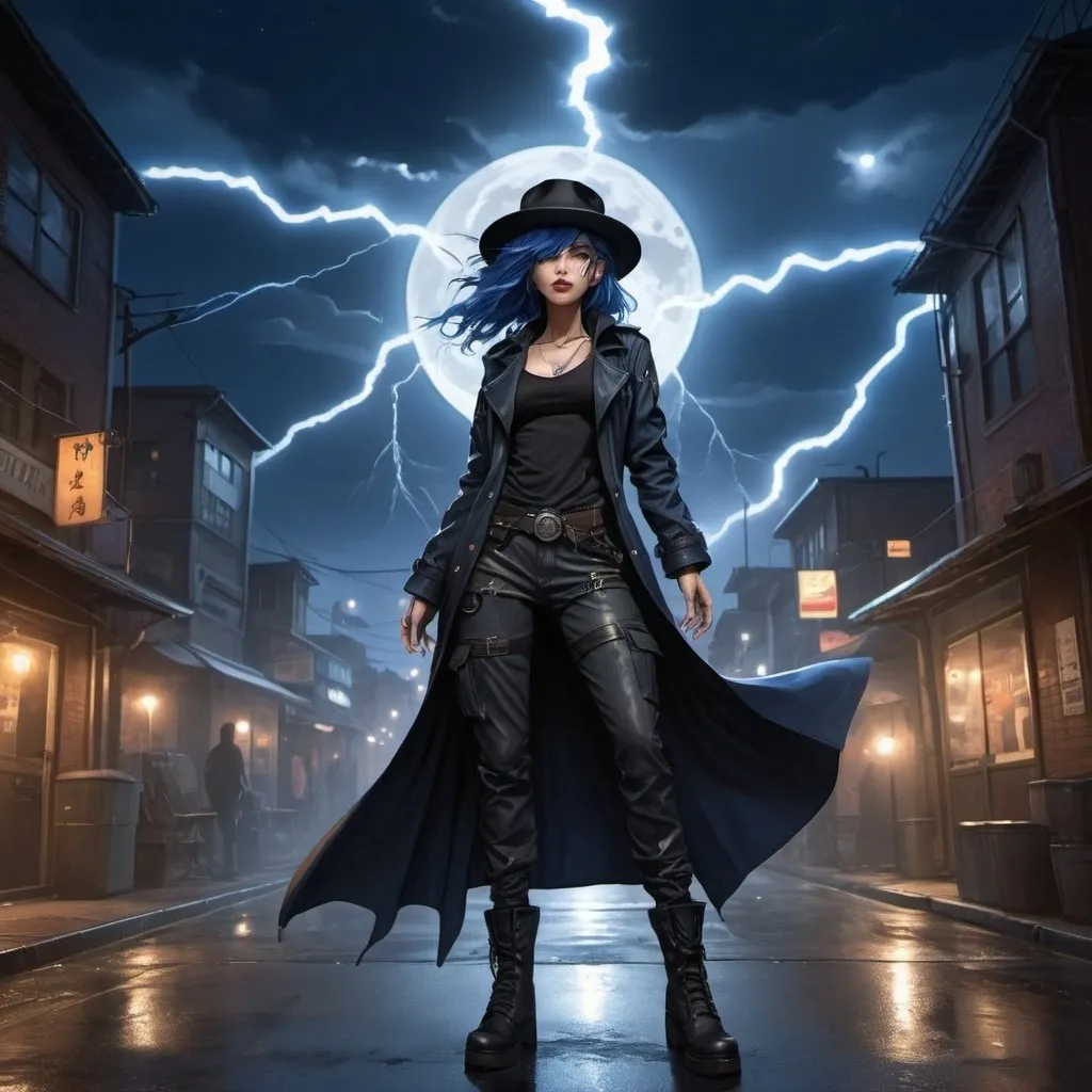 Prompt: Anime illustration of A mysterious woman with navy blue hair on a cyberpunk and steam punk scene. She is wearing a black fedora hat, a long black leather trenchcoat with a marshal star,  blue with black t-shirt, black cargo pants and black tactical boots. She spreads her arms and emits lightnings from her hands. Empty western town at midnight with lightnings striking down around her, dramatic lighting, full moon. Highres, masterpiece, detailed face, detailed hair, detailed eyes, detailed body.