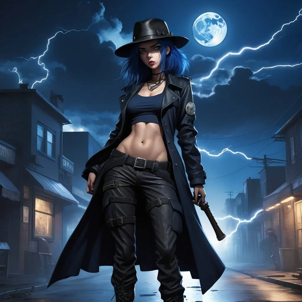 Prompt: Anime illustration of A mysterious woman with navy blue hair on a cyberpunk and steam punk scene. She is wearing a black fedora hat, a long black leather trenchcoat with a marshal star,  blue with black t-shirt, black cargo pants and black tactical boots. She is armed with a battle axe. Empty western town at midnight with lightnings striking down around her, dramatic lighting, full moon. Highres, masterpiece, detailed face, detailed hair, detailed eyes, detailed body.