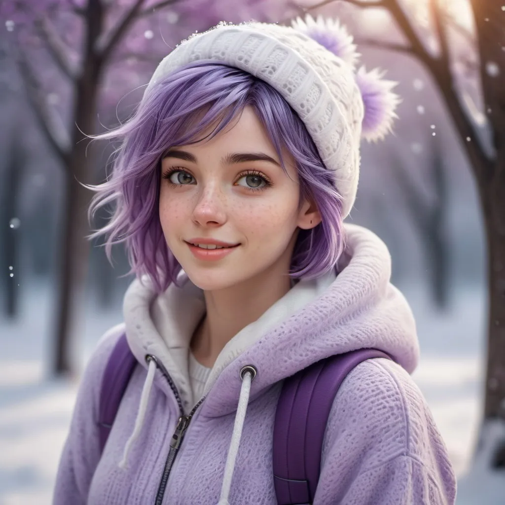 Prompt: Full body. Breathtakingly cute skinny girl, friendly and happy expression, ice-cold white skin, purple hair, freckles, dimples, short messy hair, cold winter morning, highres, ultra-detailed, realistic, cute, ultra detailed, purple hair, freckles, cold, skin-tight, winter morning, soft lighting