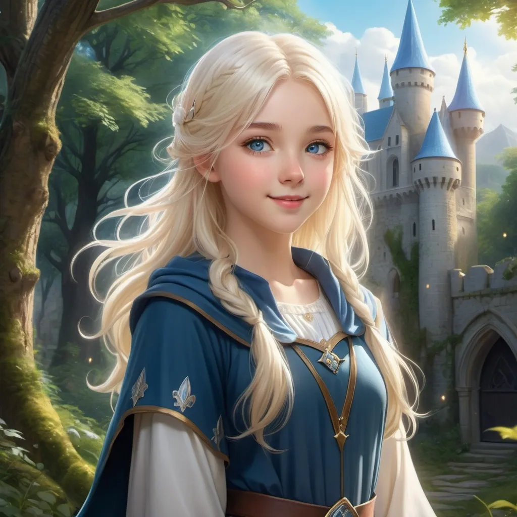 Prompt: Hyper realistic Anime illustration of a young magical wizard girl, bright white blonde hair, cute and friendly smile, blue eyes, standing tall in a mystical forest, dimples and freckles, shy, innocent, angelic aura, medieval castle in the background, highres, ultra-detailed, anime, fantasy, magical, mystical forest, cute and friendly, detailed eyes, shy and innocent, angelic aura, medieval castle, atmospheric lighting
