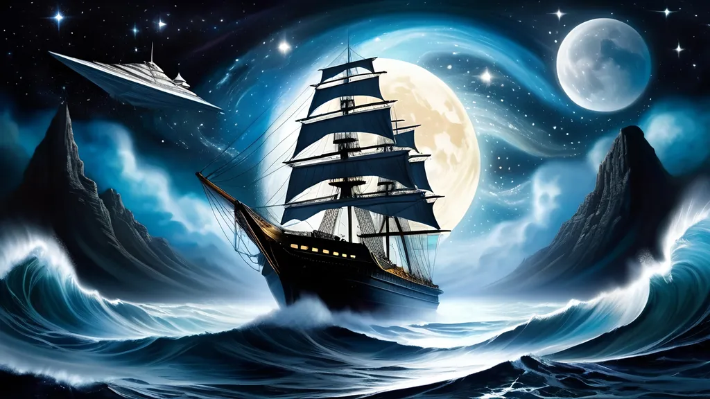 Prompt: Ancient sailing ship, tumultuous ocean waves, night sky, countless stars, full moon, silvery glow, Imperial Star Destroyer hovering, celestial tapestry, ethereal light, time collision, futuristic contrast, silent rendezvous, interstellar might, guardian from the stars, fantasy and reality merge, intertemporal encounter, spirit of adventure, cosmic sea.