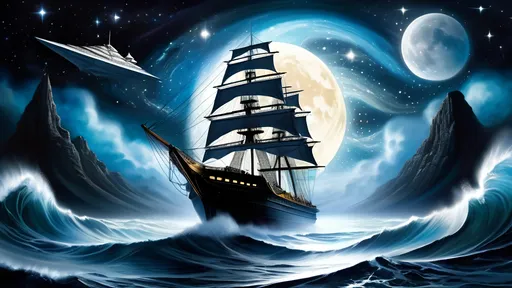 Prompt: Ancient sailing ship, tumultuous ocean waves, night sky, countless stars, full moon, silvery glow, Imperial Star Destroyer hovering, celestial tapestry, ethereal light, time collision, futuristic contrast, silent rendezvous, interstellar might, guardian from the stars, fantasy and reality merge, intertemporal encounter, spirit of adventure, cosmic sea.