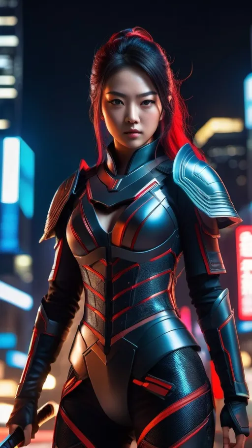 Prompt: Realistic 4k, highres, high detail, detailed face with freckles, photorealism, natural lighting, showcased with her figure fully visible from head to toe.

Picture a young Japanese warrior, embodying the perfect fusion of ancient valor and futuristic warfare, standing boldly in the midst of a neon-drenched cityscape. Her attire consists of a skintight matte black catsuit, meticulously designed for stealth and agility. The suit is adorned with dark gray armor plates, strategically placed for optimal protection without sacrificing mobility. These plates are not just functional; they are augmented with cutting-edge technology, glowing with subtle but striking blue and red lights. These luminescent accents not only highlight her formidable presence but also weave a visual symphony of shadows and light, symbolizing her mastery over both the traditional arts of combat and the unseen forces of the future. Her hair, black as the void of space, streams behind her like a banner of defiance against the backdrop of towering skyscrapers. In her hands, she wields a traditional Katana, its blade refined by futuristic technologies to a degree of sharpness and strength beyond contemporary understanding. This warrior stands as a bridge between worlds, her every breath a testament to the timeless dance of shadow and light, tradition and innovation.