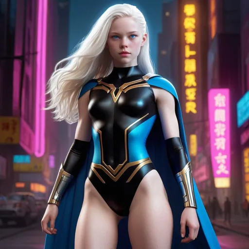 Prompt: High resolution, exceptional detail, ultra-high quality, Photorealistic, full body. Set against the backdrop of a neon-lit future, an 18-year-old teenage superheroine radiates both innocence and formidable strength. Her albino-like visage—bright white skin, radiant white hair, and striking, vibrant blue eyes—stands in sharp contrast to her environment. She is clad in a sleek black leotard, intricately adorned with illuminated technical accents that meticulously highlight her camel toe, abs, female curves, and the subtle nuances of her form. The leotard is emblazoned with Thor's hammer as her logo, a testament to her unyielding strength and valor. Completing her ensemble is a flowing black cape and stylish knee-high boots with heels, which marry elegance with combat readiness. Her attire not only speaks to her power and warmth but also to her readiness to face any challenge.

Exceptional attention is demanded for her face, where the highest level of realism is crucial. Her facial features—captivating vibrant blue eyes, soft vibrant pink lips, playful dimples, and a delicate dusting of freckles—must be rendered with unparalleled clarity and lifelike detail. These features together mirror her sweet, friendly nature and her indomitable spirit. This detailed attention extends to the illuminated aspects of her outfit, underscoring the approachable yet formidable essence of her character. The rendering should achieve a level of realism that brings her to life, ensuring that her expressions and features resonate with vivid detail and authenticity.