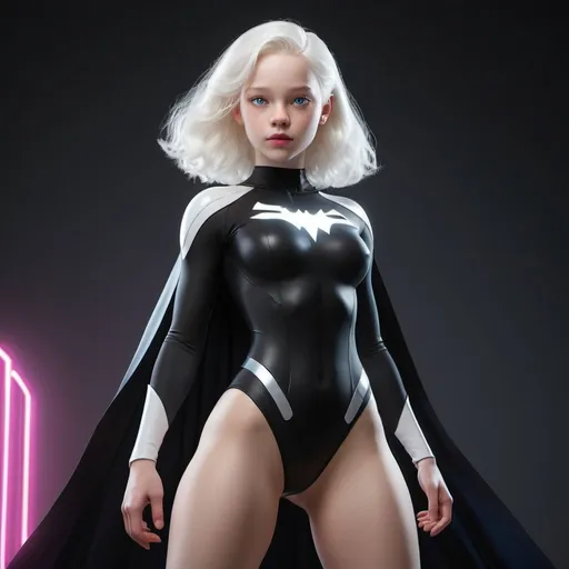 Prompt: High resolution, high details, high quality, Photorealistic. In a neon-lit future, a breathtakingly cute, sweet, adorable, innocent and friendly teenage superheroinen of 18 years with albino-like features—bright white skin, radiant white hair, and vibrant blue eyes—wears a sleek black leotard, illuminated technical accents, emphasizing her abs, female curves and other details. She sports a flowing black cape and stylish knee-high boots with heels, embodying a blend of strength and warmth. Her attire combines elegance with combat readiness, her face radiates kindness, marked by vibrant pink lips, dimples, and freckles. Capture her in high resolution, highlighting her illuminated outfit details and her approachable yet powerful demeanor.