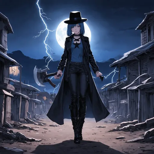 Prompt: Anime illustration of A mysterious woman with navy blue hair on a cyberpunk and steam punk scene. She is wearing a black fedora hat, a long black leather trenchcoat with a marshal star,  blue with black t-shirt, black cargo pants and black tactical boots. She is armed with a battle axe. Empty western town at midnight with lightnings striking down around her, dramatic lighting, full moon. Highres, masterpiece, detailed face, detailed hair, detailed eyes, detailed body.