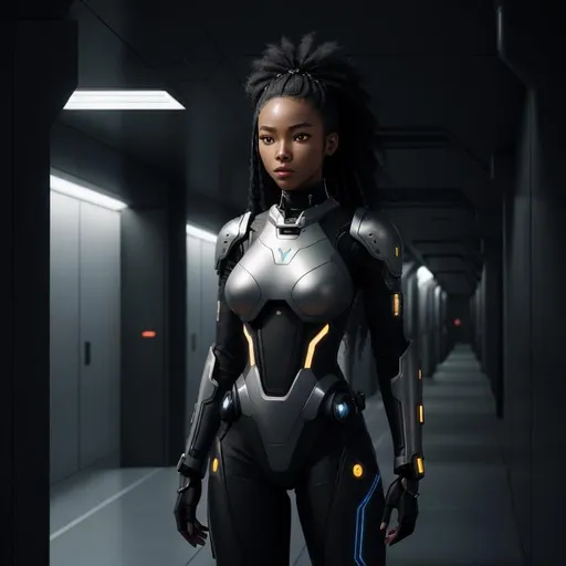 Prompt: Create a high-resolution, detailed digital painting of a young female Afro-Asian cyborg ninja set in a futuristic science fiction environment. She is aboard a sleek and advanced starship, standing confidently in a dimly lit corridor. Her attire is form-fitting, designed exclusively in various shades of black, such as matte black, sparkling black, and jet black, which blend traditional ninja elements with futuristic, cybernetic enhancements. These shades should create a nuanced, monochromatic look that emphasizes the outfit's texture and the character's silhouette against the ambient lighting. Visible cybernetic enhancements include glowing eyes and mechanical limbs, highlighting her human and cybernetic nature. This scene captures a sense of mystery and power, with detailed hair, realistic facial features, and professional detail in the eyes, fabric texture, and ambient starship lighting. Ensure no color palette appears in the image.