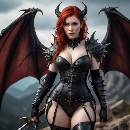 Prompt: Full body image. gorgeous young curvy dragonborn woman with red hair in a fantasy scene, small fangs smile (gothic:1.5), (dark fantasy:1.5), wearing a form-fitting revealing bodysuit, little red dragon wings, she has dimples and freckles. Her expression is  mysterious, curious and also cute and friendly. Armed with two swords. Highres, masterpiece, detailed face, detailed eyes, detailed hair, detailed body, ultra detailed, deep color, high contrast, beautifully shot, cinematic, a masterpiece, atmospheric, (sharp focus:1.2), perfect composition, photorealistic, intricate details, HDR, photorealistic