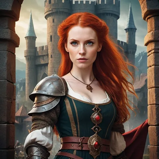 Prompt: A fantasy movie poster, medieval background, redhead woman, Baldur's Gate 3 style