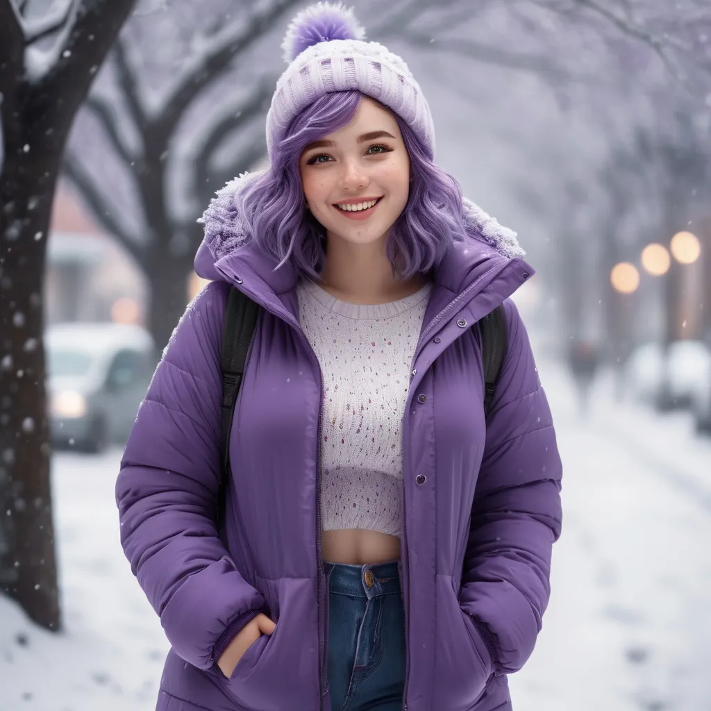 Prompt: Full body. Breathtakingly cute girl.with a curvy body, friendly and happy expression, ice-cold white skin, purple hair, freckles, dimples, short messy hair, cold winter morning, highres, ultra-detailed, realistic, cute, ultra detailed, purple hair, freckles, cold winter morning, snow storm, soft lighting