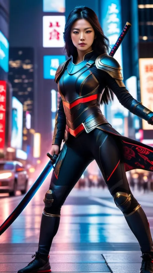 Prompt: Realistic 4k, highres, high detail, detailed face with freckles, photorealism, natural lighting

Picture a young Japanese warrior, embodying the perfect fusion of ancient valor and futuristic warfare, standing boldly in the midst of a neon-drenched cityscape. Her attire consists of a skintight matte black catsuit, meticulously designed for stealth and agility. The suit is adorned with dark gray armor plates, strategically placed for optimal protection without sacrificing mobility. These plates are not just functional; they are augmented with cutting-edge technology, glowing with subtle but striking blue and red lights. These luminescent accents not only highlight her formidable presence but also weave a visual symphony of shadows and light, symbolizing her mastery over both the traditional arts of combat and the unseen forces of the future. Her hair, black as the void of space, streams behind her like a banner of defiance against the backdrop of towering skyscrapers. In her hands, she wields a traditional Katana, its blade refined by futuristic technologies to a degree of sharpness and strength beyond contemporary understanding. This warrior stands as a bridge between worlds, her every breath a testament to the timeless dance of shadow and light, tradition and innovation.