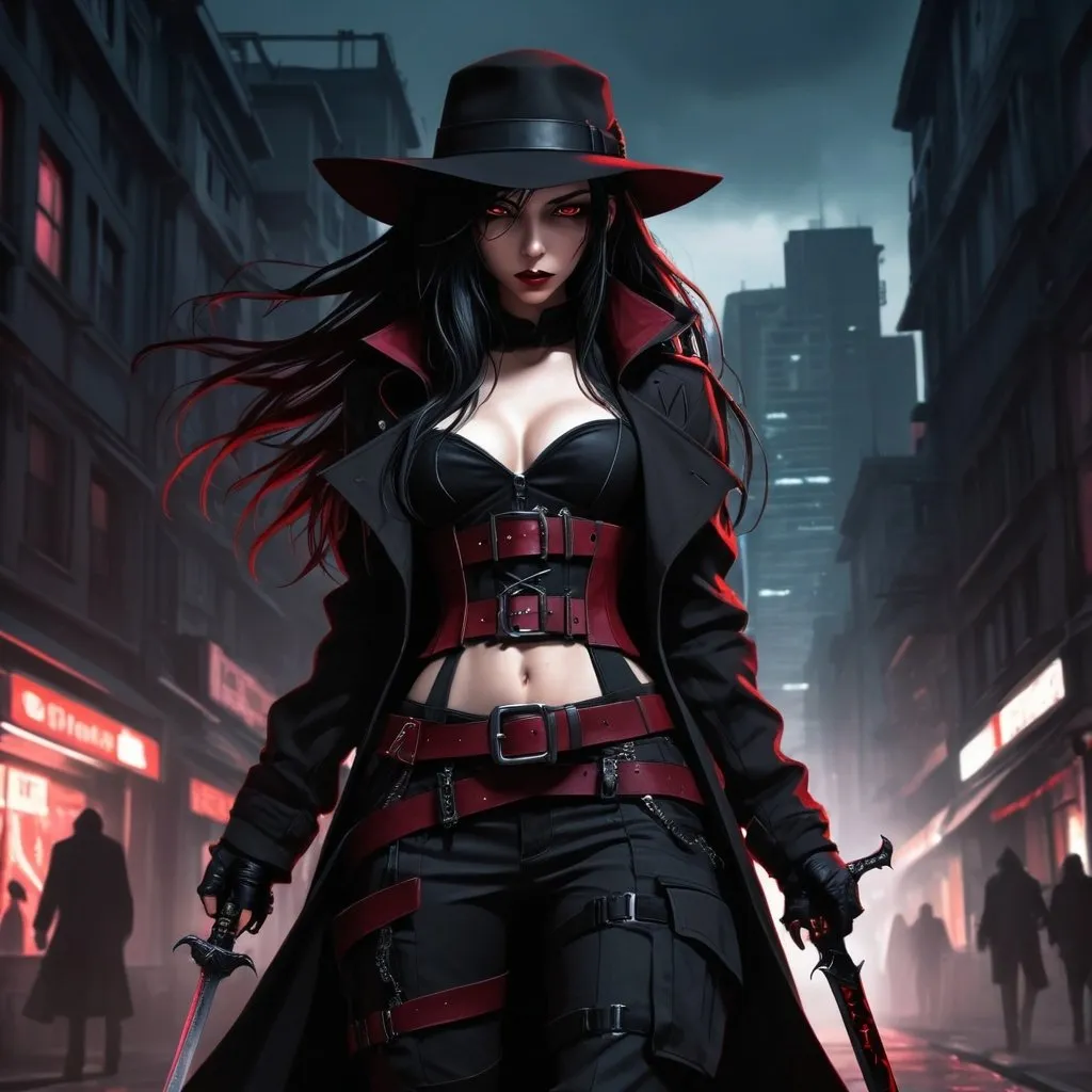 Prompt: Anime cyberpunk style, young vampire huntress, long flowing black hair with dark red highlights, dark red corset, black cargo pants, tactical belt, long black coat, black fedora hat, carrying a sword on her back, highly detailed, HD, dark background, sneaking through an iluminated city center, inspired by blade the vampire hunter