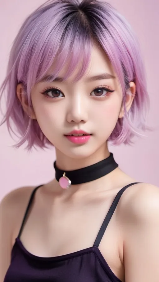 Prompt: Ultra-cute young Japanese girl with short, messy purple hair, pale skin, dimples, and pink lips, petite and slim figure, tiny flat chest, wearing a choker and a crop top, highres, detailed face, cute, lovely, innocent, sweet, professional, choker, crop top, delicate features, kawaii, pastel colors, soft lighting