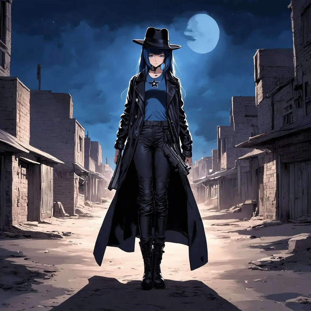 Prompt: Anime illustration of A mysterious woman with navy blue hair on a cyberpunk and steam punk scene. She is wearing a black fedora hat, a long black leather trenchcoat with a marshal star,  blue with black t-shirt, black cargo pants and black tactical boots. She is armed with a shotgun. Empty western town at midnight, dramatic lighting. Highres, masterpiece, detailed face, detailed hair, detailed eyes, detailed body.