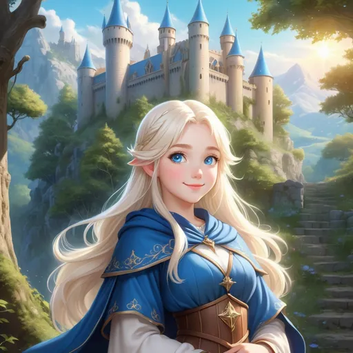 Prompt: Hyper realistic Anime illustration of a curvy young magical wizard girl, bright white blonde hair, cute and friendly smile, blue eyes, standing tall in a mystical forest, dimples and freckles, shy, innocent, angelic aura, medieval castle in the background, highres, ultra-detailed, anime, fantasy, magical, mystical forest, cute and friendly, detailed eyes, shy and innocent, angelic aura, medieval castle, atmospheric lighting