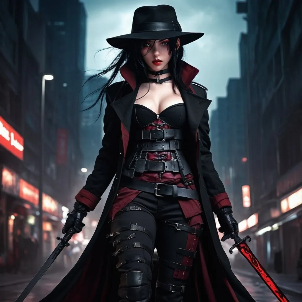 Prompt: Anime cyberpunk style, young vampire huntress, freckles, dimples long flowing black anime style hair with dark red highlights, dark red corset, black cargo pants, tactical belt, long black coat, black fedora hat, carrying a sword on her back, highly detailed, HD, dark background, sneaking through an iluminated city center, inspired by blade the vampire hunter