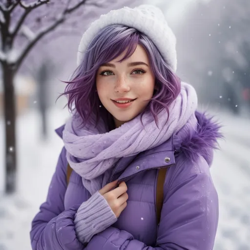 Prompt: Full body. Breathtakingly cute girl.with a curvy body, friendly and happy expression, ice-cold white skin, purple hair, freckles, dimples, short messy hair, cold winter morning, highres, ultra-detailed, realistic, cute, ultra detailed, purple hair, freckles, cold winter morning, snow storm, soft lighting