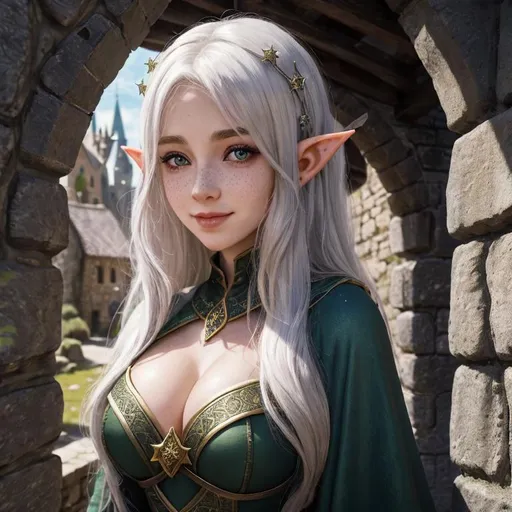 Prompt: In a secluded corner of a medieval fantasy village, where cobblestone streets lead to an imposing castle under the watchful gaze of ancient stars, there lives a young female Elf wizard. Her appearance is a delightful blend of contrasts: pale skin dotted with cute freckles and dimples that play at the corners of her lips with every mysterious smile. Her body, curvy and full, defies the traditional elven silhouette, adding to her unique charm.

Her hair, intense purple, cascades around her shoulders, setting her apart in a crowd and hinting at the potent magic that courses through her veins. This young elf is clad in a skintight leotard that hugs her form, a testament to her confidence and a symbol of her magical prowess. The leotard, enchanting in its simplicity, seems to be an extension of herself, moving with grace and fluidity.

Adorning her legs are tight thigh-high boots, perfectly fitted, that speak of adventure and the many paths she has trodden, both in this realm and beyond. They are not just footwear but a part of her story, each step resonating with the power of her spells and the depth of her knowledge.

Over her shoulders, a sparkling magical cape flows, capturing the luminescence of the cosmos. This cape, alive with the glow of countless stars, not only serves as a protective mantle but also as a beacon of her connection to the celestial energies, weaving the fabric of her spells with the threads of stardust.

Set against the backdrop of a quaint village with its medieval charm and the distant silhouette of a castle, this Elf wizard embarks on her journey. Her presence blends the mystique of ancient magics with the vibrancy of life, inviting those she meets to glimpse a world where magic is as real as the ground underfoot and as mysterious as the smile that plays upon her lips.