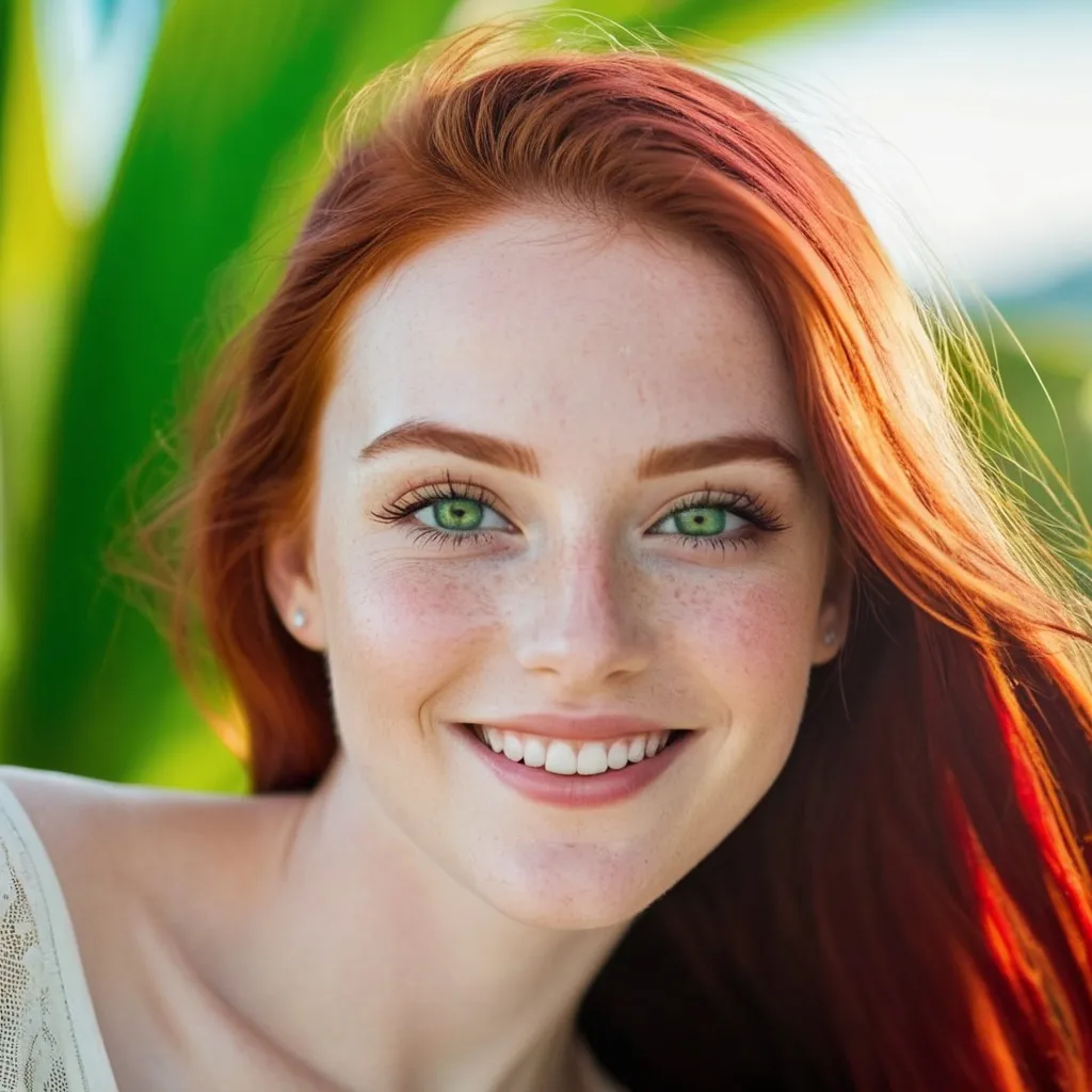 Prompt: breathtakingly cute woman in paradise. Ruby hair, sparkling green eyes, pale skin, freckles, dimples, cute smile