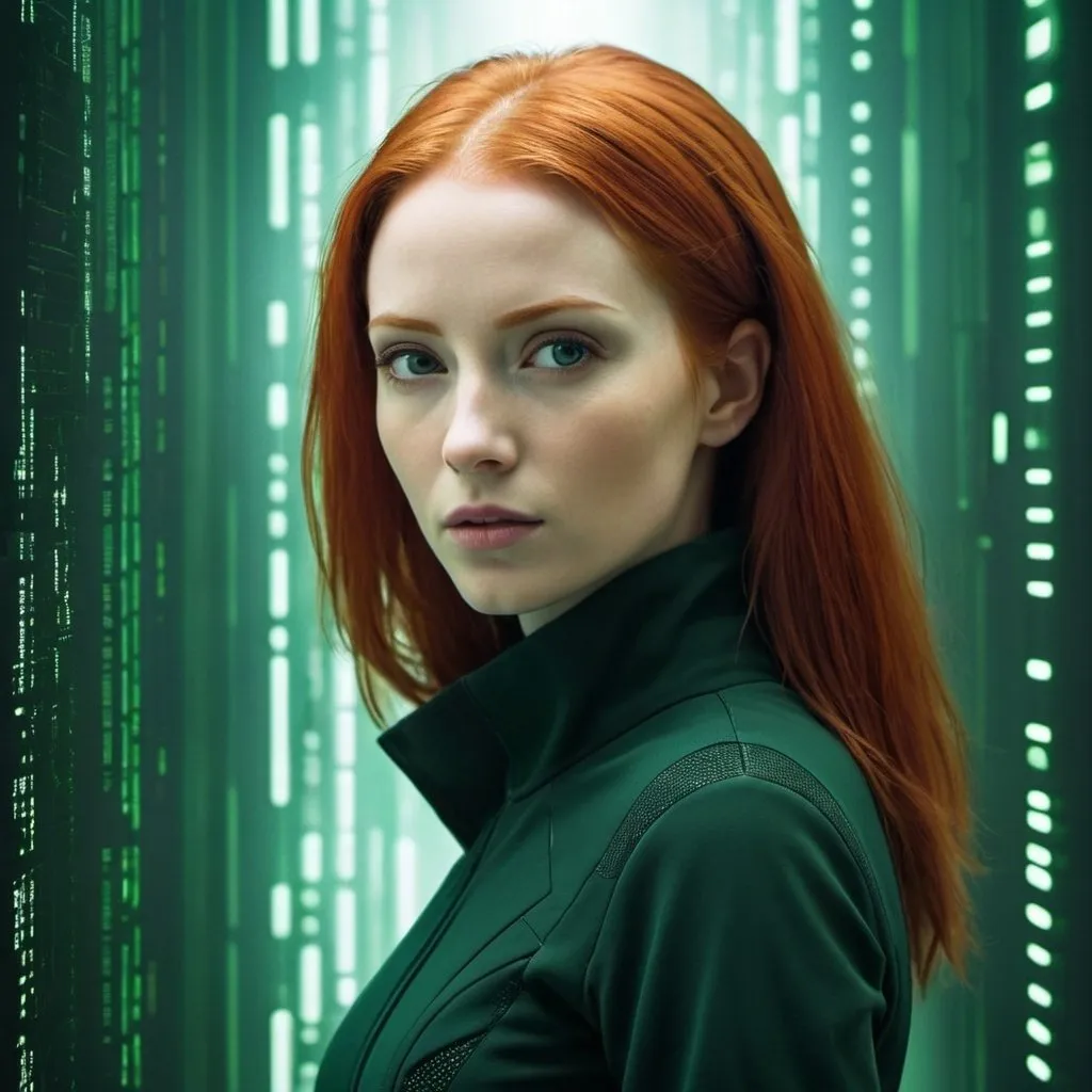 Prompt: A sci-fi movie poster, futuristic background, redhead woman, matrix style