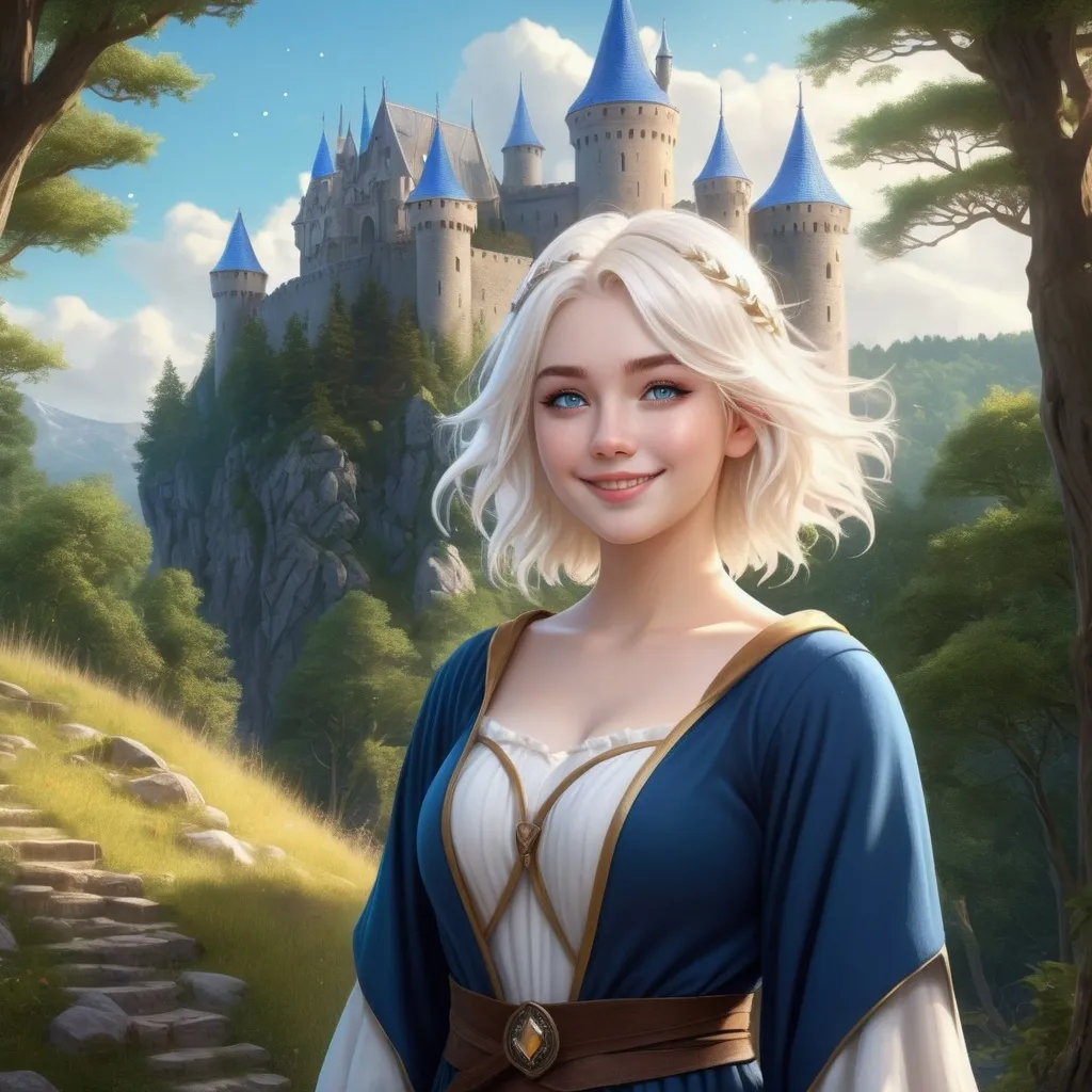 Prompt: Hyper realistic Anime illustration of a curvy  magical wizard woman, short Messy hair, bright white blonde hair, cute and friendly smile, blue eyes, standing tall in a mystical forest, dimples and freckles, shy, innocent, angelic aura, medieval castle in the background, highres, ultra-detailed, anime, fantasy, magical, mystical forest, cute and friendly, detailed eyes, medieval castle, atmospheric lighting