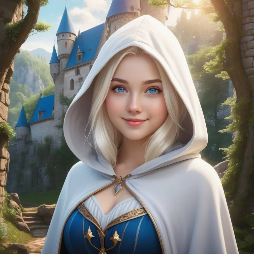 Prompt: Hyper realistic Anime illustration of a curvy young magical wizard girl, bright white blonde hair, hooded, cute and friendly smile, blue eyes, standing tall in a mystical forest, dimples and freckles, shy, innocent, angelic aura, medieval castle in the background, highres, ultra-detailed, anime, fantasy, magical, mystical forest, cute and friendly, detailed eyes, shy and innocent, angelic aura, medieval castle, atmospheric lighting