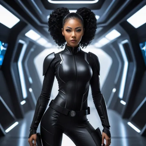 Prompt: Create a high-resolution, detailed digital painting of a young Afro-Asian female with technical enhancements, embodying the essence of a ninja set in a futuristic science fiction environment. She stands confidently aboard a sleek and advanced starship, in a dimly lit corridor. Her attire is a form-fitting outfit in various shades of black, such as matte black, sparkling black, and jet black, that combines traditional ninja elements with subtle, futuristic technical enhancements. Her hairstyle features straight, long black hair, potentially styled into a black pigtail or with a sidecut. The shades of black in her outfit create a nuanced, monochromatic look that emphasizes the outfit's texture and her silhouette against the ambient lighting. The technical enhancements, like a cybernetic arm or glowing eyes, should be visible but integrate smoothly into her human form, emphasizing a balance between her humanity and the technological advances. The scene captures a sense of mystery and power, with detailed hair, realistic facial features, and professional detail in the eyes, fabric texture, and ambient starship lighting.