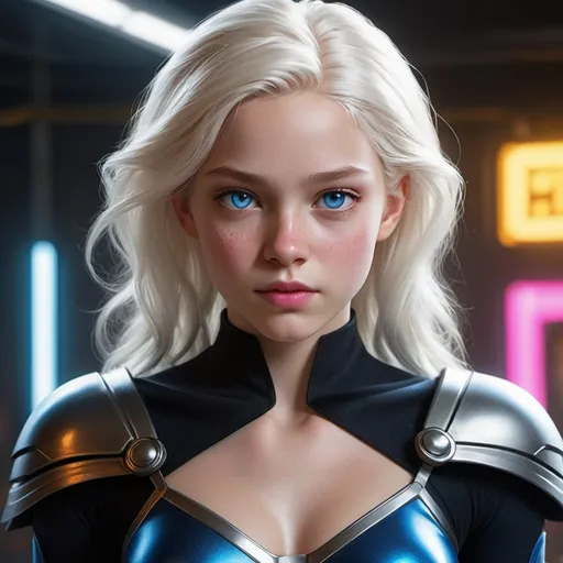 Prompt: High resolution, exceptional detail, ultra-high quality, Photorealistic. Set against the backdrop of a neon-lit future, an 18-year-old teenage superheroine radiates both innocence and formidable strength. Her albino-like visage—bright white skin, radiant white hair, and striking, vibrant blue eyes—stands in sharp contrast to her environment. She is clad in a sleek black leotard, intricately adorned with illuminated technical accents that meticulously highlight her abs, female curves, and the subtle nuances of her form. The leotard is emblazoned with Thor's hammer as her logo, a testament to her unyielding strength and valor. Completing her ensemble is a flowing black cape and stylish knee-high boots with heels, which marry elegance with combat readiness. Her attire not only speaks to her power and warmth but also to her readiness to face any challenge.

Exceptional attention is demanded for her face, where the highest level of realism is crucial. Her facial features—captivating vibrant blue eyes, soft vibrant pink lips, playful dimples, and a delicate dusting of freckles—must be rendered with unparalleled clarity and lifelike detail. These features together mirror her sweet, friendly nature and her indomitable spirit. This detailed attention extends to the illuminated aspects of her outfit, underscoring the approachable yet formidable essence of her character. The rendering should achieve a level of realism that brings her to life, ensuring that her expressions and features resonate with vivid detail and authenticity.