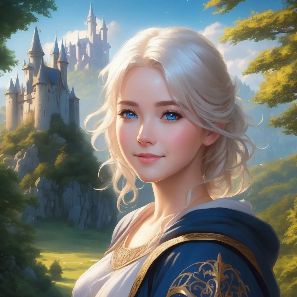 Prompt: Hyper realistic Anime illustration of a curvy  magical wizard woman, short Messy hair, bright white blonde hair, cute and friendly smile, blue eyes, standing tall in a mystical forest, dimples and freckles, shy, innocent, angelic aura, medieval castle in the background, highres, ultra-detailed, anime, fantasy, magical, mystical forest, cute and friendly, detailed eyes, medieval castle, atmospheric lighting