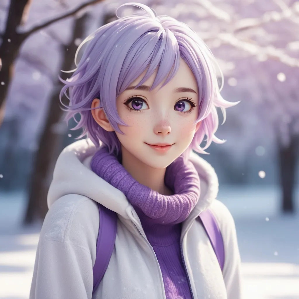 Prompt: Full body. Breathtakingly cute anime illustration of a skinny girl, friendly and happy expression, ice-cold white skin, purple hair, freckles, dimples, short messy hair, cold winter morning, highres, ultra-detailed, anime, cute, liquid material, purple hair, freckles, cold, skin-tight, winter morning, soft lighting