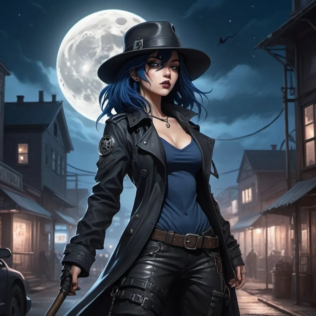 Prompt: Anime illustration of A mysterious woman with navy blue hair on a cyberpunk and steam punk scene. She is wearing a black fedora hat, a long black leather trenchcoat with a marshal star,  blue with black t-shirt, black cargo pants and black tactical boots. She is armed with a battle axe. Empty western town at midnight with lightnings striking down around her, dramatic lighting, full moon. Highres, masterpiece, detailed face, detailed hair, detailed eyes, detailed body.