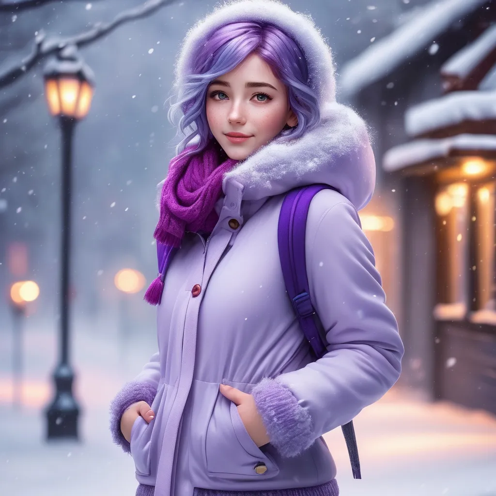 Prompt: Full body. Breathtakingly cute girl.with a curvy body, friendly and happy expression, ice-cold white skin, purple hair, freckles, dimples, short messy hair, cold winter morning, highres, ultra-detailed, realistic, cute, ultra detailed, purple hair, freckles, cold winter morning, snow storm, soft lighting