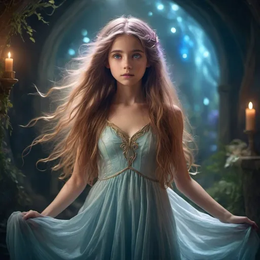 Prompt: Young girl in a fantasy setting, magical aura, ethereal lighting, petite body, flowing gown, long flowing hair, whimsical, magical, fantasy, detailed eyes, highres, vibrant colors, mystical, atmospheric lighting