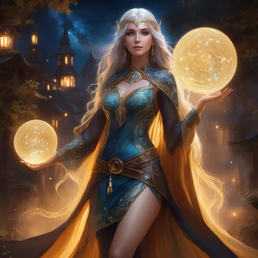 Prompt: In an ancient town where magic weaves through the air like threads of gold, a young Elf wizard moves with a grace that captivates the very essence of the arcane. Her body, a testament to elven beauty, is curvy and adorned not with fabric but with a magical bodypaint. This ethereal attire, a fusion of art and magic, clings to her pale skin, tracing every curve and contour with vibrant patterns that pulse with ancient power. The paint, alive with shifting runes and mystical symbols, celebrates her connection to the old magics, wrapping her in a garment of living enchantment.

Her hair, a wild cascade of short, black locks, frames a face that glows with an inner light. Freckles, like tiny constellations, dance across her pale skin, and her smile, bringing forth dimples, adds a warmth that contrasts her formidable presence. Over her shoulders, a cape as dark as the void mirrors the night sky, its fabric alive with the shimmer of distant stars, a cloak of celestial dominion.

Tight, thigh-high boots anchor her lithe form to the earth, symbolizing her balance between the mystical and the material world. This Elf wizard, in her skin-melded magical bodypaint and starlit cape, embodies the spirit of ancient magic. She is a bridge between worlds, her very presence a spellbinding tale of power, beauty, and the deep, untamed magic that courses through the veins of her ancient, whispering town.