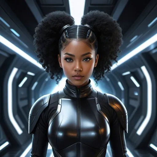Prompt: Create a high-resolution, detailed digital painting of a young Afro-Asian female with technical enhancements, embodying the essence of a ninja set in a futuristic science fiction environment. She stands confidently aboard a sleek and advanced starship, in a dimly lit corridor. Her attire is a form-fitting outfit in various shades of black, such as matte black, sparkling black, and jet black, that combines traditional ninja elements with subtle, futuristic technical enhancements. Her hairstyle features straight, long black hair, potentially styled into a black pigtail or with a sidecut. The shades of black in her outfit create a nuanced, monochromatic look that emphasizes the outfit's texture and her silhouette against the ambient lighting. The technical enhancements, like a cybernetic arm or glowing eyes, should be visible but integrate smoothly into her human form, emphasizing a balance between her humanity and the technological advances. The scene captures a sense of mystery and power, with detailed hair, realistic facial features, and professional detail in the eyes, fabric texture, and ambient starship lighting.