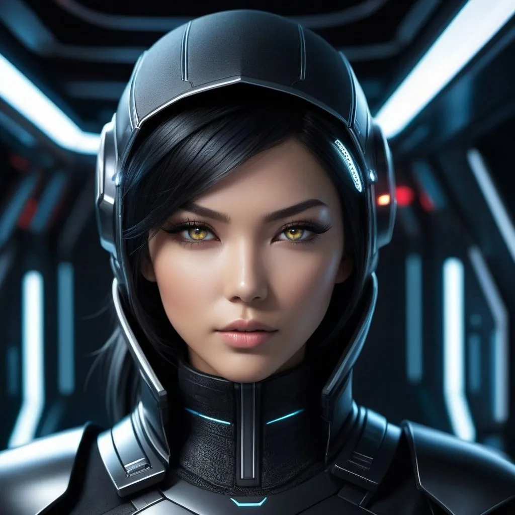 Prompt: Create a high-resolution, detailed digital painting of a young female cyborg ninja set in a futuristic science fiction environment. She is aboard a sleek and advanced starship, standing confidently in a dimly lit corridor. Her attire is form-fitting, designed exclusively in various shades of black, such as matte black, sparkling black, and jet black, which blend traditional ninja elements with futuristic, cybernetic enhancements. These shades should create a nuanced, monochromatic look that emphasizes the outfit's texture and the character's silhouette against the ambient lighting. Visible cybernetic enhancements include glowing eyes and mechanical limbs, highlighting her human and cybernetic nature. This scene captures a sense of mystery and power, with detailed hair, realistic facial features, and professional detail in the eyes, fabric texture, and ambient starship lighting. Ensure no color palette appears in the image.