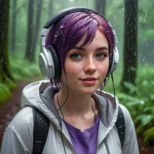 Prompt: Breathtakingly cute girl.with a curvy body, friendly and happy expression, pale freckles skin , purple hair, freckles, dimples, short messy hair, heavy rain, in forest, highres, ultra-detailed, realistic, cute, ultra detailed, purple hair, freckles. Wearing headphones. Listening to heavy metal music, pouring rain, no umbrella, wet, soft lighting