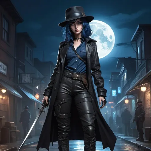 Prompt: Anime illustration of A mysterious woman with navy blue hair on a cyberpunk and steam punk scene. She is wearing a black fedora hat, a long black leather trenchcoat with a marshal star,  blue with black t-shirt, black cargo pants and black tactical boots. She is armed with a longsword. Empty western town at midnight, dramatic lighting, full moon. Highres, masterpiece, detailed face, detailed hair, detailed eyes, detailed body.