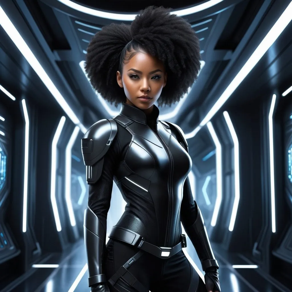 Prompt: Create a high-resolution, detailed digital painting of a young female Afro-Asian cyborg ninja set in a futuristic science fiction environment. She is aboard a sleek and advanced starship, standing confidently in a dimly lit corridor. Her attire is form-fitting, designed exclusively in various shades of black, such as matte black, sparkling black, and jet black, which blend traditional ninja elements with futuristic, cybernetic enhancements. These shades should create a nuanced, monochromatic look that emphasizes the outfit's texture and the character's silhouette against the ambient lighting. Visible cybernetic enhancements include glowing eyes and mechanical limbs, highlighting her human and cybernetic nature. This scene captures a sense of mystery and power, with detailed hair, realistic facial features, and professional detail in the eyes, fabric texture, and ambient starship lighting. Ensure no color palette appears in the image.