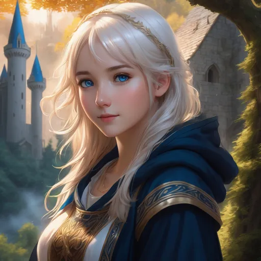 Prompt: Hyper realistic Anime illustration of a curvy young magical wizard girl, short and Messy bright white blonde hair, hooded, cute and friendly smile, blue eyes, standing tall in a mystical forest, dimples and freckles, shy, innocent, angelic aura, medieval castle in the background, highres, ultra-detailed, anime, fantasy, magical, mystical forest, cute and friendly, detailed eyes, shy and innocent, angelic aura, medieval castle, atmospheric lighting