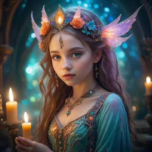 Prompt: Young girl in a fantasy setting, petite body, magical elements, ethereal atmosphere, vibrant and mystical color palette, whimsical fantasy style, detailed facial features, glowing magical effects, flowing and ornate fantasy attire, high quality, fantasy, ethereal, magical elements, whimsical, vibrant colors, detailed facial features, glowing effects, ornate attire, atmospheric lighting