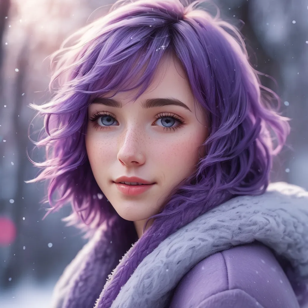 Prompt: Full body. Breathtakingly cute skinny girl, friendly and happy expression, ice-cold white skin, purple hair, freckles, dimples, short messy hair, cold winter morning, highres, ultra-detailed, realistic, cute, ultra detailed, purple hair, freckles, cold, skin-tight, winter morning, soft lighting