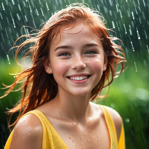 Prompt: Imagine a scene where the essence of summer is captured in a single, electrifying moment: a young girl, whose beauty transcends the mundane, stands amidst a gentle summer rain. Her hair, a vibrant shade of ruby, short and playfully unkempt, clings to her face and shoulders, soaked by the rain. Each raindrop traces a path down her skin, a testament to the purity and freshness of the moment. Freckles dot her cheeks like a constellation, and her dimples carve deep into her cheeks as she smiles, a smile so radiant it seems to rival the sun itself. This image of joy and serenity, set against the backdrop of a warm summer shower, captures a moment of blissful happiness, untouched and unfettered by the world around her. Her eyes sparkle with delight, and her presence is a vivid reminder of the beauty found in simplicity and the pure joy of living in the moment.