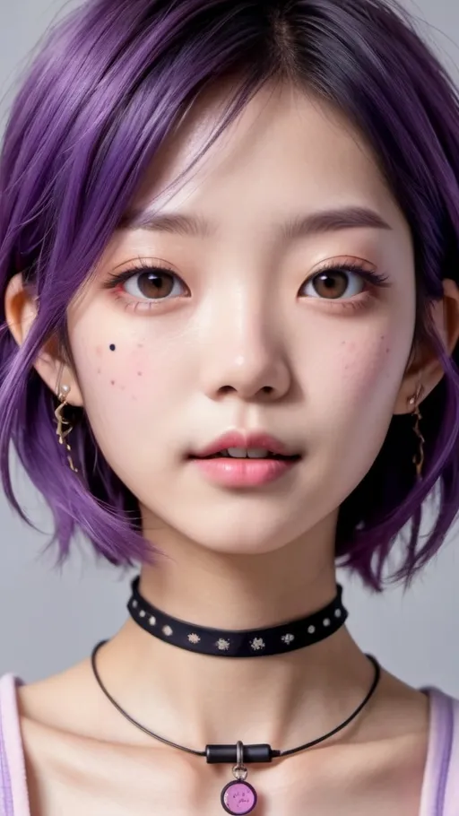 Prompt: a ultra-gorgeous and ultra-cute young japanese woman. She has short and messy purple hair. Dimples, freckles and pink lips. Slim figure and a tiny flat chest. Cute, lovely, innocent, petite, sweet. Wearing a choker with a leash. 