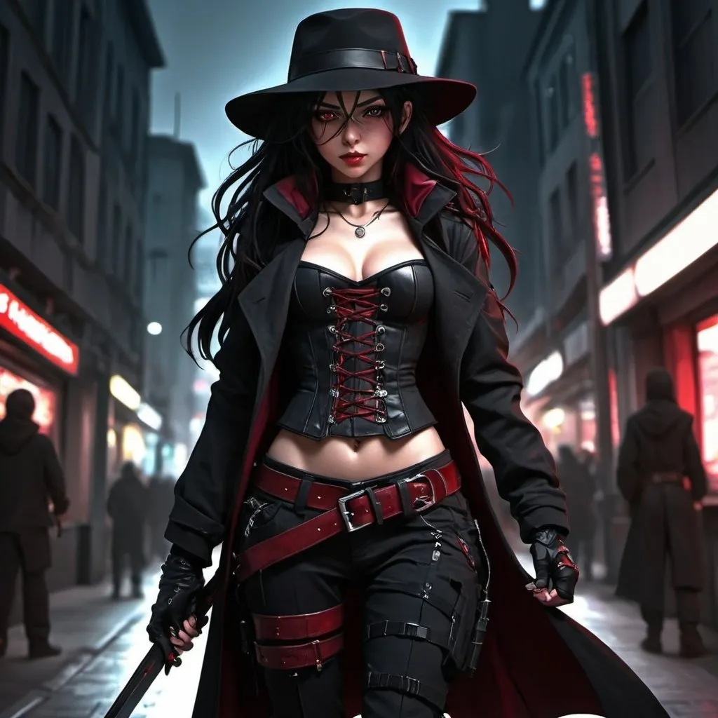 Prompt: Anime cyberpunk style, young vampire huntress, freckles, dimples long flowing black anime style hair with dark red highlights, dark red corset, black cargo pants, tactical belt, long black coat, black fedora hat, carrying a sword on her back, highly detailed, HD, dark background, sneaking through an iluminated city center, inspired by blade the vampire hunter