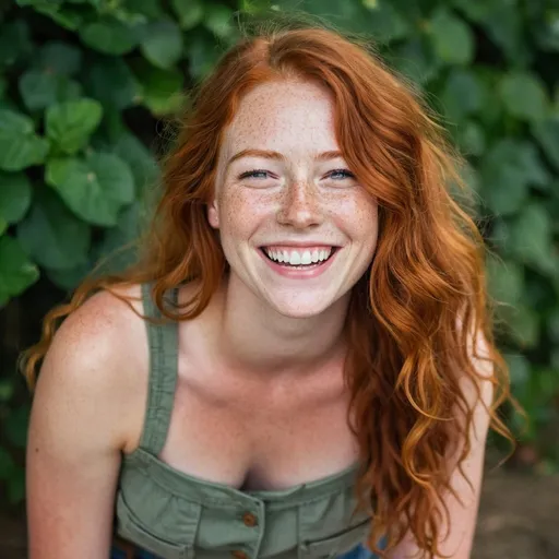 Prompt: Gorgeous 30 years old redhead woman with freckles, laughter lines around her eyes, cute dimples and long wavy hair. A cute smile and a curious gaze adorn her face. She is dressed in cargo shorts and a crop top. 