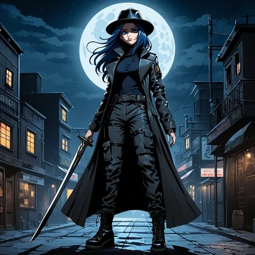 Prompt: Anime illustration of A mysterious woman with navy blue hair on a cyberpunk and steam punk scene. She is wearing a black fedora hat, a long black leather trenchcoat with a marshal star,  blue with black t-shirt, black cargo pants and black tactical boots. She is armed with a longsword. Empty western town at midnight, dramatic lighting, full moon. Highres, masterpiece, detailed face, detailed hair, detailed eyes, detailed body.