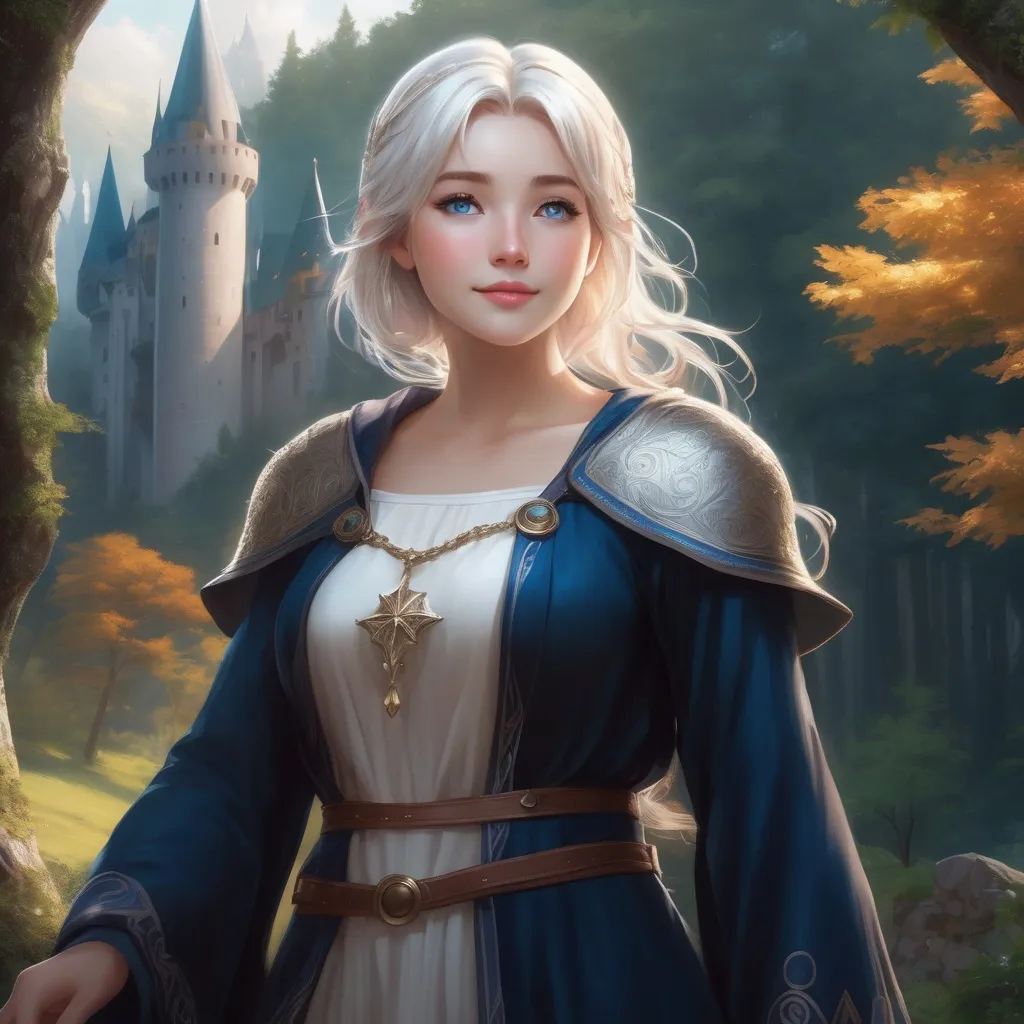 Prompt: Hyper realistic Anime illustration of a curvy  magical wizard woman, short Messy hair, bright white blonde hair, cute and friendly smile, blue eyes, standing tall in a mystical forest, dimples and freckles, shy, innocent, angelic aura, medieval castle in the background, highres, ultra-detailed, anime, fantasy, magical, mystical forest, cute and friendly, detailed eyes, shy and innocent, angelic aura, medieval castle, atmospheric lighting