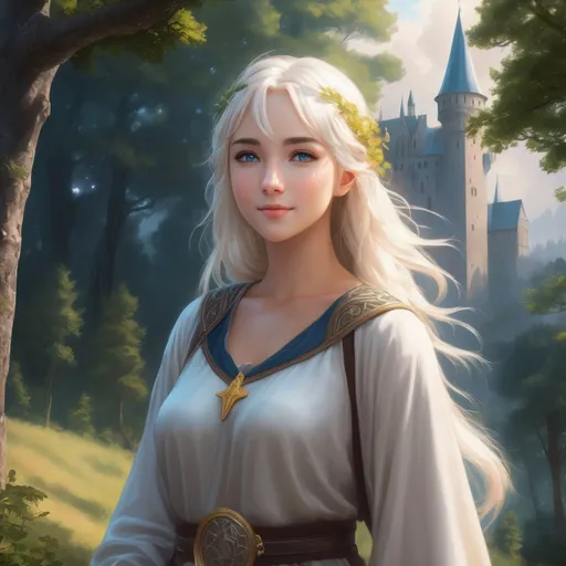 Prompt: Hyper realistic Anime illustration of a curvy  magical wizard woman, short Messy hair, bright white blonde hair, cute and friendly smile, blue eyes, standing tall in a mystical forest, dimples and freckles, shy, innocent, angelic aura, medieval castle in the background, highres, ultra-detailed, anime, fantasy, magical, mystical forest, cute and friendly, detailed eyes, shy and innocent, angelic aura, medieval castle, atmospheric lighting